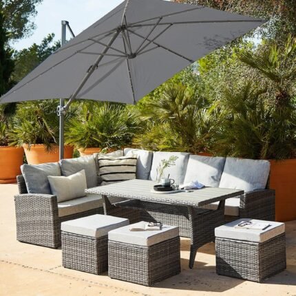 Aston 9 Seater Rattan Garden Corner Sofa Set with Grey LED Premium Parasol - Polywood Top - Grey