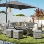 Aston 9 Seater Rattan Garden Corner Sofa Set with Grey LED Premium Parasol - Polywood Top - Grey - Image 2