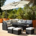 Aston 9 Seater Rattan Garden Corner Sofa Set with with Cream Lean Over Parasol - Black Polywood Top