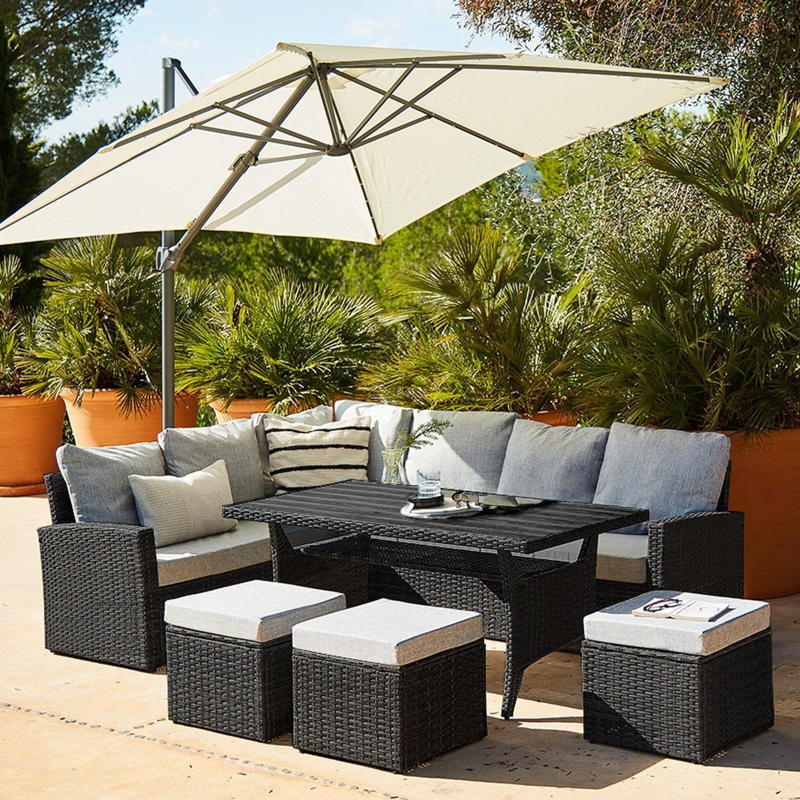 aston-rattan-outdoor-corner-sofa-set-with-cream-led-cantilever-parasol-9-seater-black-polywood-top-laura-james-1 Aston 9 Seater Rattan Garden Corner Sofa Set with with Cream LED Premium Cantilever Parasol - Polywood Top - Black