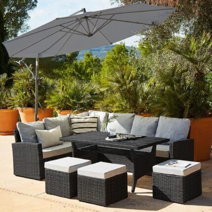Aston 9 Seater Rattan Garden Corner Sofa Set with with Grey Lean Over Parasol - Polywood Top - Black