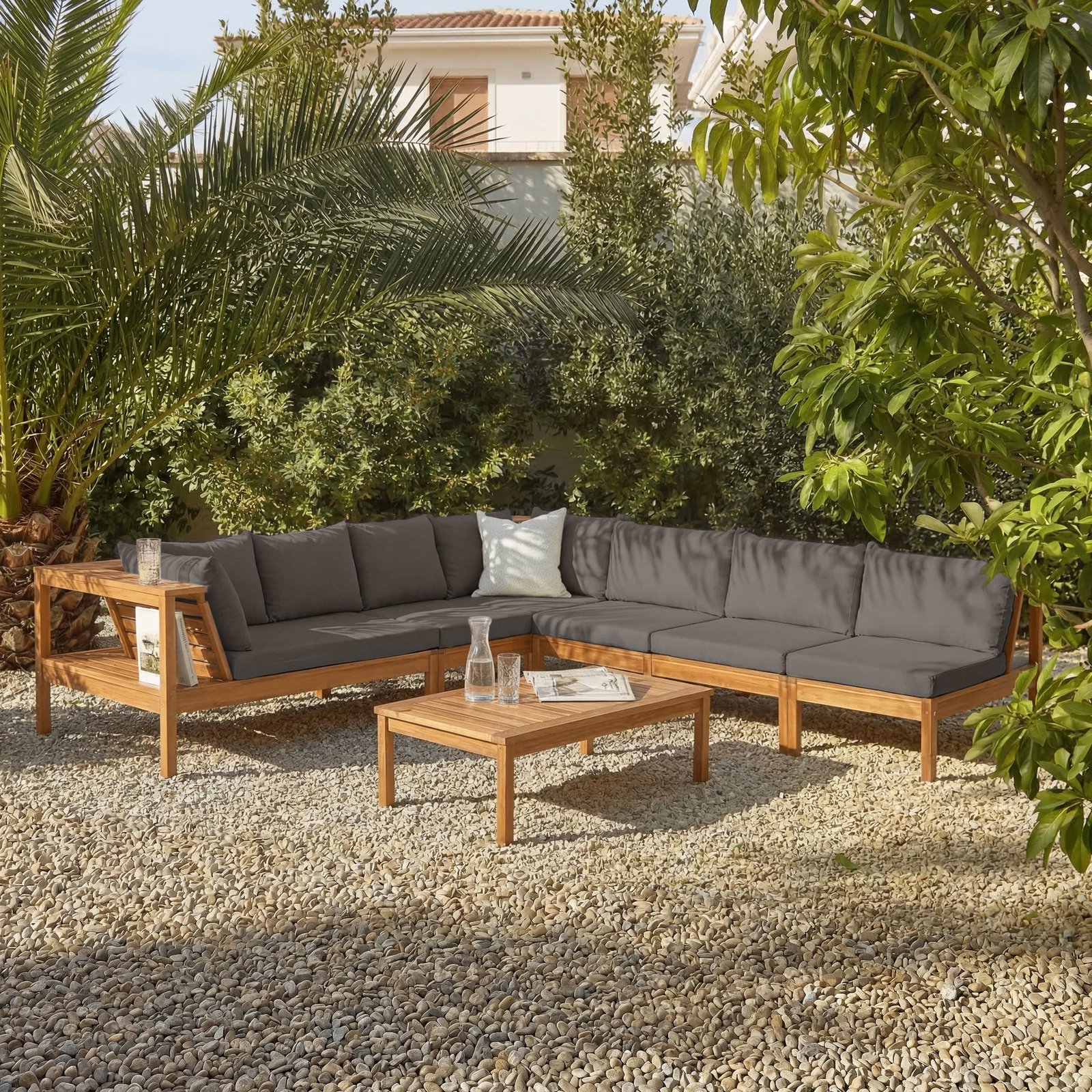 bigdakotaimprovedstones_1_grey3 Dakota 7 Seater Wooden Corner Sofa Set - Natural Acacia with Grey Cushions - Image 1
