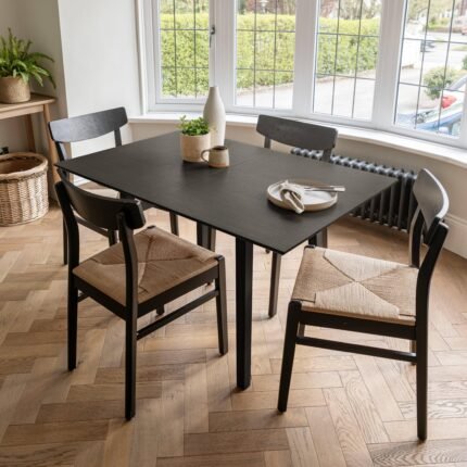 Charlie Black Oak Dining Table Set  - Extendable - 4 Seater - Faye Black Woven Dining Chairs