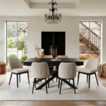 Amelia Black Extending Dining Table Set - 6 Seater - Chloe Light Beige Boucle Dining Chairs - Black Oak Legs