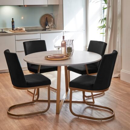 Clara Marble Dining Table Set - 4 Seater - Lola Black Dining Chairs - Gold Legs