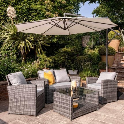 Cote 4 Seater Rattan Garden Sofa Set with Cream Lean Over Parasol - Grey Weave