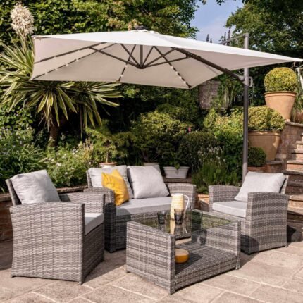 Cote 4 Seater Rattan Garden Sofa Set with Cream LED Premium Cantilever Parasol - Grey Weave