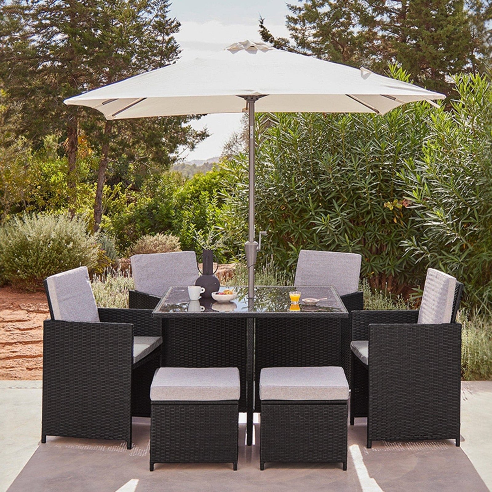 cube-8-black-cream-parasol Cube 8 Seater Rattan Outdoor Dining Set with Cream Parasol - Black Weave