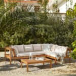 Dakota Wooden Garden Corner Sofa Set with Grey LED Premium Parasol - Sand Cushions - Image 2