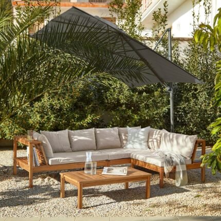 Dakota Wooden Garden Corner Sofa Set with Grey LED Premium Parasol - Sand Cushions