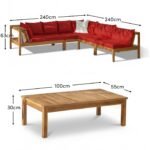 Dakota 6 Seater Wooden Corner Sofa Set - Natural Acacia with Red Cushions - Image 6