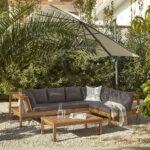 Dakota Wooden Garden Corner Sofa Set with Cream LED Premium Parasol - Grey Cushions