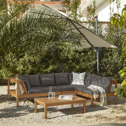 Dakota Wooden Garden Corner Sofa Set with Cream LED Premium Parasol - Grey Cushions