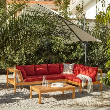 Dakota Wooden Garden Corner Sofa Set with Cream LED Premium Parasol - Red Cushions