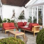 Dakota Wooden Garden Corner Sofa Set with Cream LED Premium Parasol - Red Cushions - Image 8
