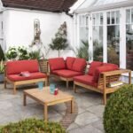 Dakota Wooden Garden Corner Sofa Set with Cream LED Premium Parasol - Red Cushions - Image 10