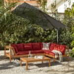 Dakota Wooden Garden Corner Sofa Set with Grey LED Premium Parasol - Red Cushions