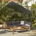 Dakota Wooden Garden Corner Sofa Set with Grey Parasol - Grey Cushions