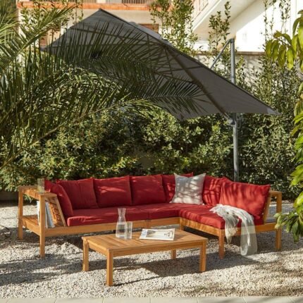 Dakota Wooden Garden Corner Sofa Set with Grey Parasol - Red Cushions