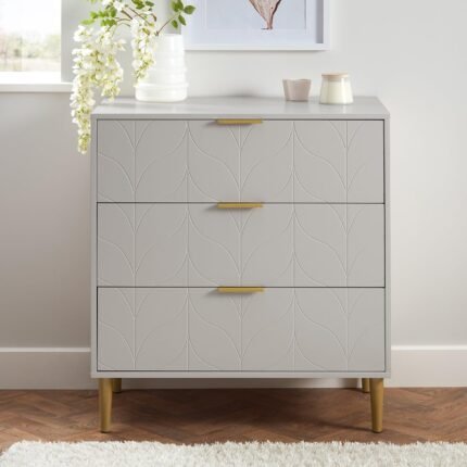 Gloria 3 Drawer Chest of Drawers- Grey & Brass Effect