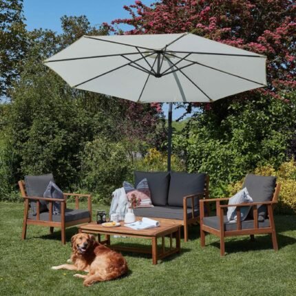 Harrelson Wooden Garden Sofa Set with Cream Lean Over Parasol - Grey Cushions