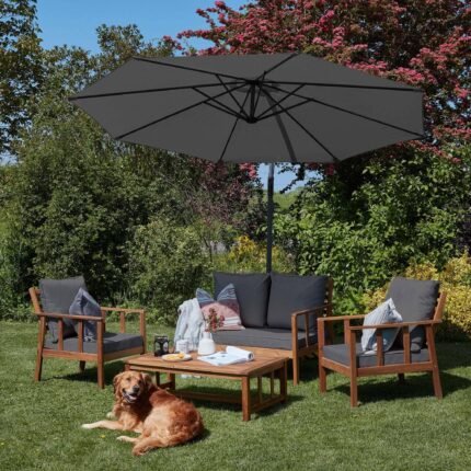 Harrelson Wooden Garden Sofa Set with Grey Lean Over Parasol - Grey Cushions