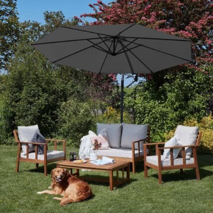 Harrelson Wooden Garden Sofa Set with Grey Lean Over Parasol - Natural