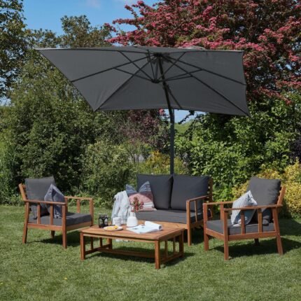 Harrelson Wooden Garden Sofa Set with Grey LED Premium Cantilever Parasol - Grey Cushions