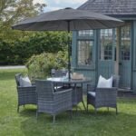 Kemble 4 Seater Rattan Round Dining Set with Grey Parasol - Grey Weave