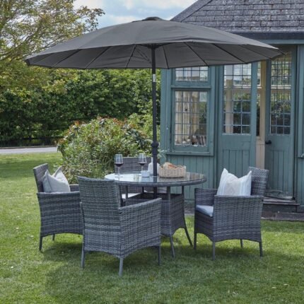 Kemble 4 Seater Rattan Round Dining Set with Grey Parasol - Grey Weave