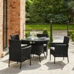 Kemble 4 Seater Rattan Round Garden Dining Set with Cream Parasol - Black Weave - Image 4