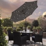 Kemble 4 Seater Rattan Round Dining Set with Grey LED Premium Parasol & Parasol Rain Cover - Black Weave