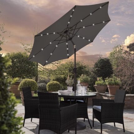 Kemble 4 Seater Rattan Round Dining Set with Grey LED Premium Parasol & Parasol Rain Cover - Black Weave