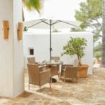 Kemble 4 Seater Rattan Round Garden Dining Set with Cream LED Premium Parasol - Natural Brown