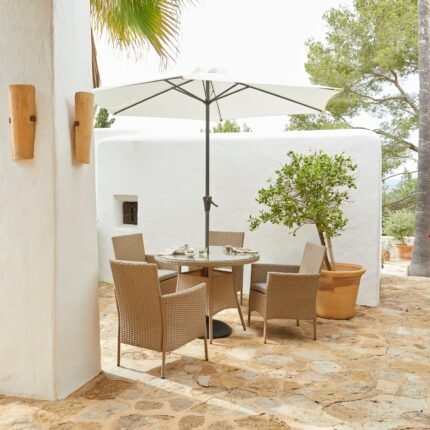 Kemble 4 Seater Rattan Round Garden Dining Set with Cream LED Premium Parasol - Natural Brown