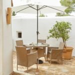 Kemble 4 Seater Rattan Round Garden Dining Set with Cream Parasol - Natural Brown - Image 2