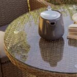 Kemble 4 Seater Rattan Round Garden Dining Set with Grey LED Premium Parasol - Natural Brown - Image 4