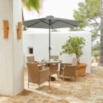 Kemble 4 Seater Rattan Round Garden Dining Set with Grey LED Premium Parasol - Natural Brown - Image 2