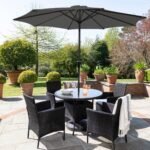 Kemble 4 Seater Rattan Round Garden Dining Set with Grey Parasol - Black Weave