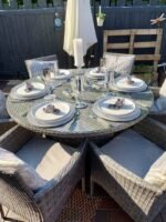 Kemble 6 Seater Rattan Round Dining Set with Grey LED Premium Parasol & Parasol Rain Cover - Grey - Image 2