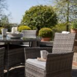 Kemble 6 Seater Rattan Round Dining Set with Grey LED Premium Parasol & Parasol Rain Cover - Grey - Image 6