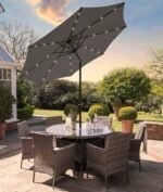Kemble 6 Seater Rattan Round Dining Set with Grey LED Premium Parasol & Parasol Rain Cover - Grey - Image 7