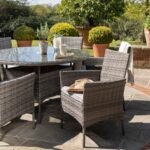 Kemble 6 Seater Rattan Round Dining Set with Cream LED Premium Parasol & Parasol Rain Cover - Grey Weave - Image 8