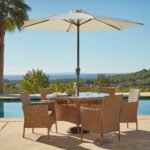 Kemble 6 Seater Rattan Round Garden Dining Set with Cream LED Premium Parasol - Natural Brown Weave