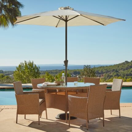 Kemble 6 Seater Rattan Round Garden Dining Set with Cream Parasol - Natural Brown