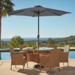 Kemble 6 Seater Rattan Round Garden Dining Set with Grey LED Premium Parasol - Natural Brown