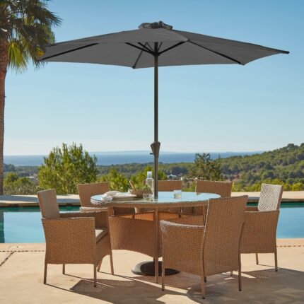 Kemble 6 Seater Rattan Round Garden Dining Set with Grey LED Premium Parasol - Natural Brown
