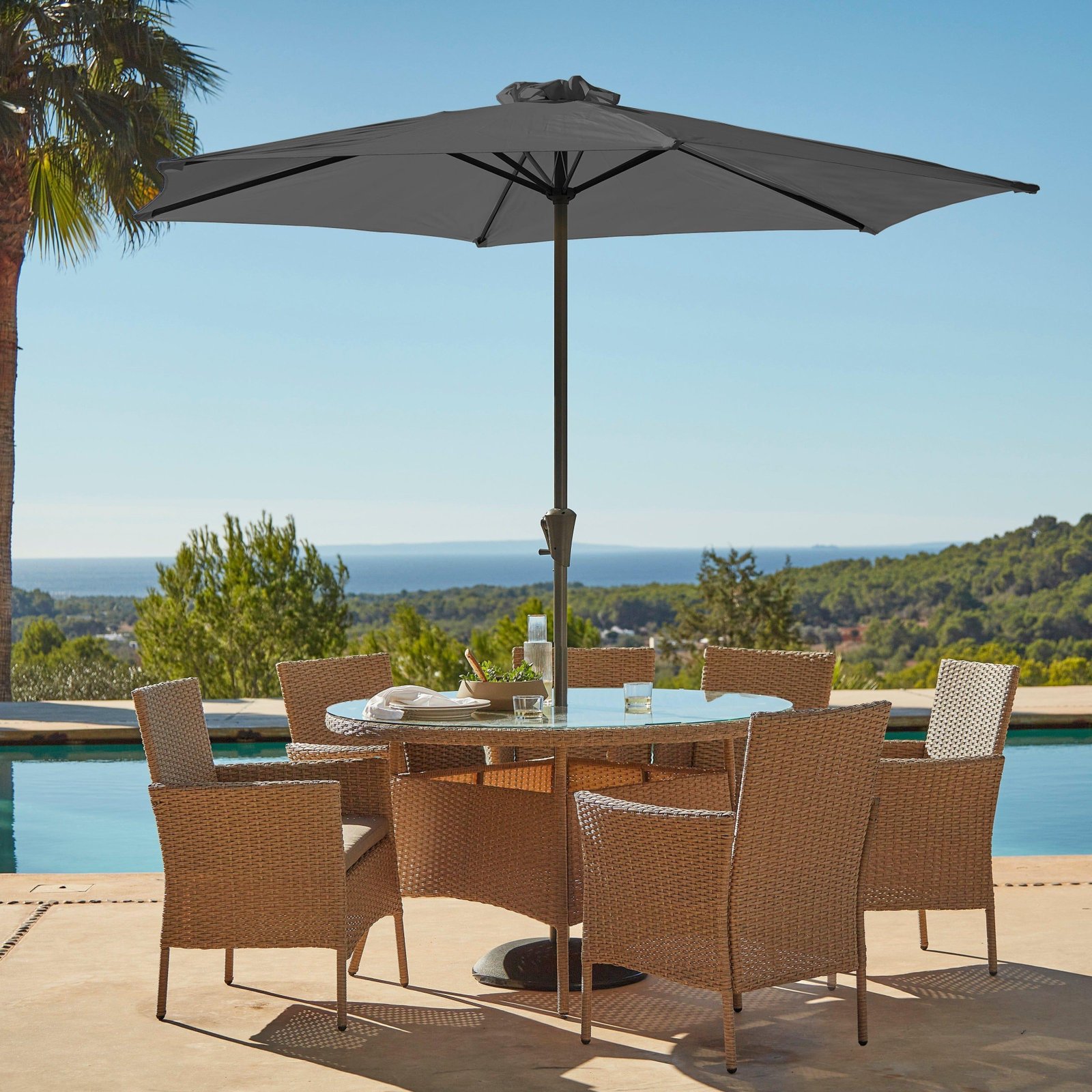 kemble-6-seater-rattan-round-outdoor-dining-set-with-grey-led-premium-parasol-natural-brown-laura-james-1 Kemble 6 Seater Rattan Round Garden Dining Set with Grey LED Premium Parasol - Natural Brown