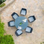 Kemble 6 Seater Rattan Round Garden Dining Set with Cream LED Premium Parasol - Black Weave - Image 5