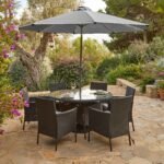 Kemble 6 Seater Rattan Round Garden Dining Set with Grey LED Premium Parasol & Parasol Rain Cover - Black Weave
